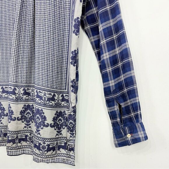 Johnny Was LANA Blue Gray Plaid Gingham Medallion Scarf Back Button Up Shirt - Picture 14 of 16